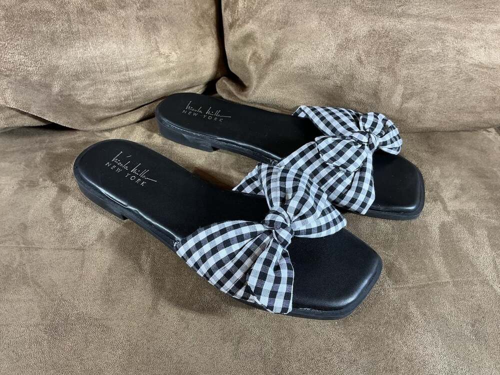 Nicole Miller Flat Sandals Size 7.5 Black White Gingham Bow Slide
